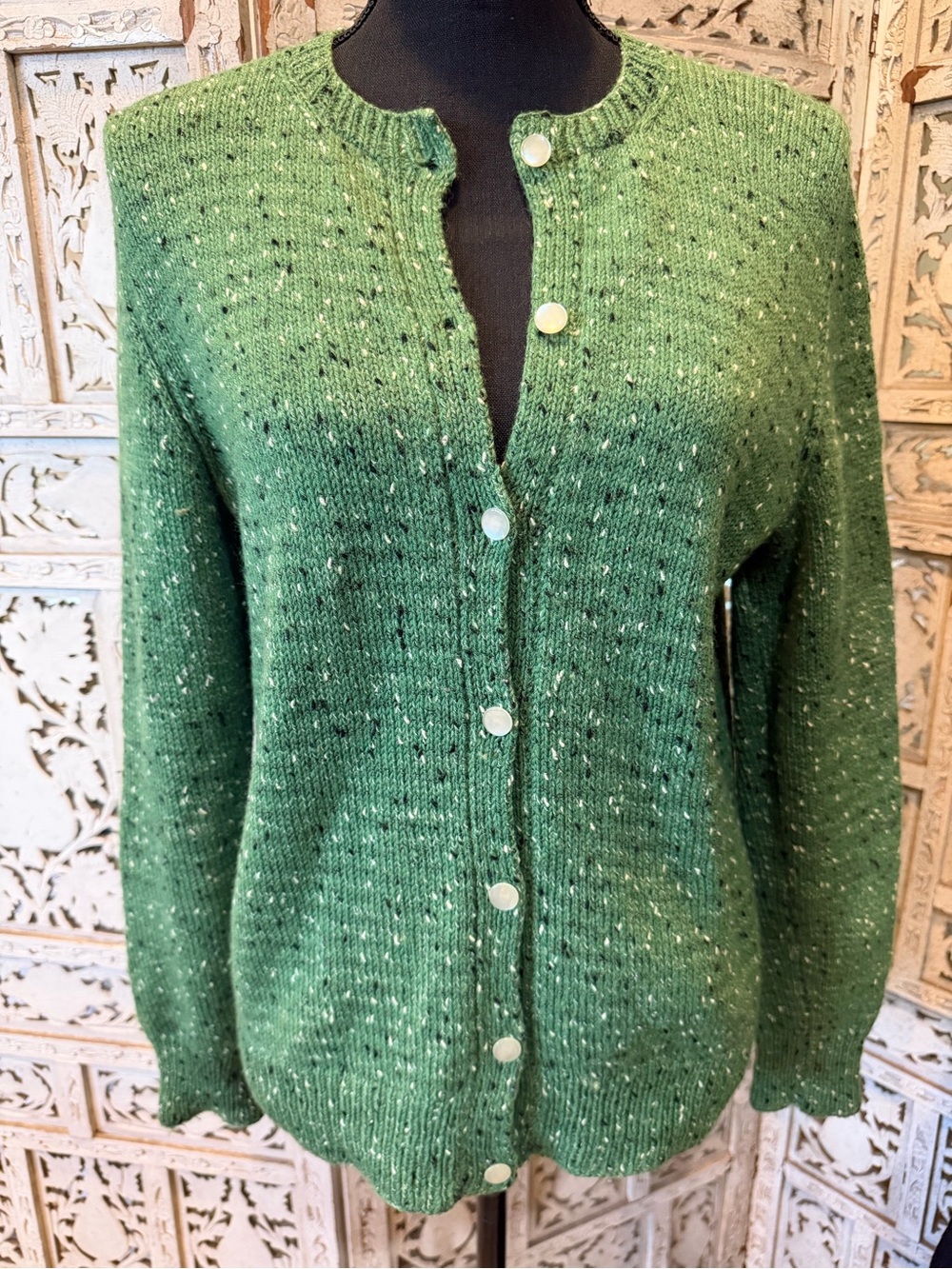 Green Wool Vintage Crewneck Button-Front Womens Cardigan